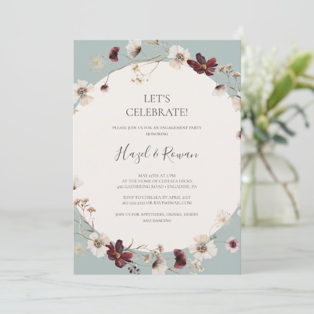 Copper Burgundy Wildflower | Teal Let's Celebrate Invitation (Standing Front)
