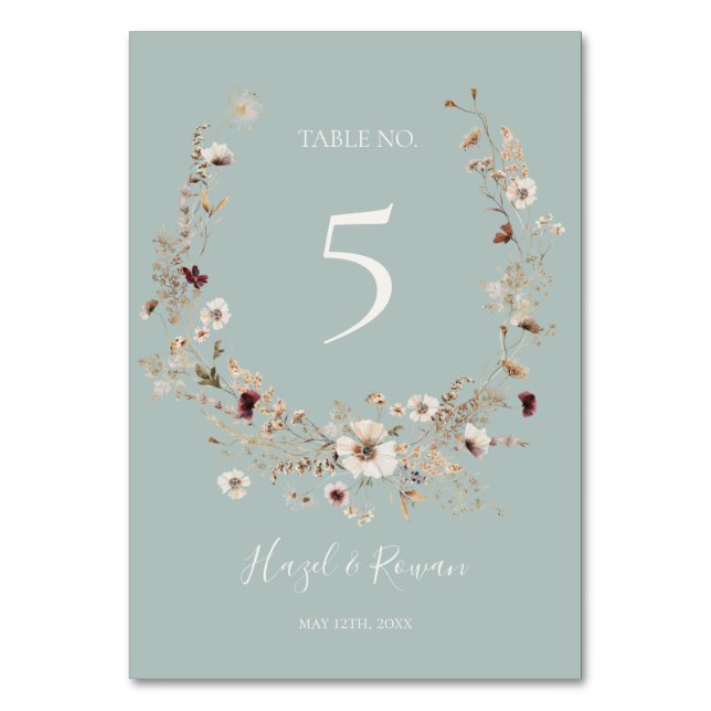 Copper Burgundy Wildflower | Teal Table Number (Front)