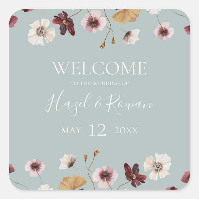 Copper Burgundy Wildflower | Teal Wedding Welcome Square Sticker (Front)