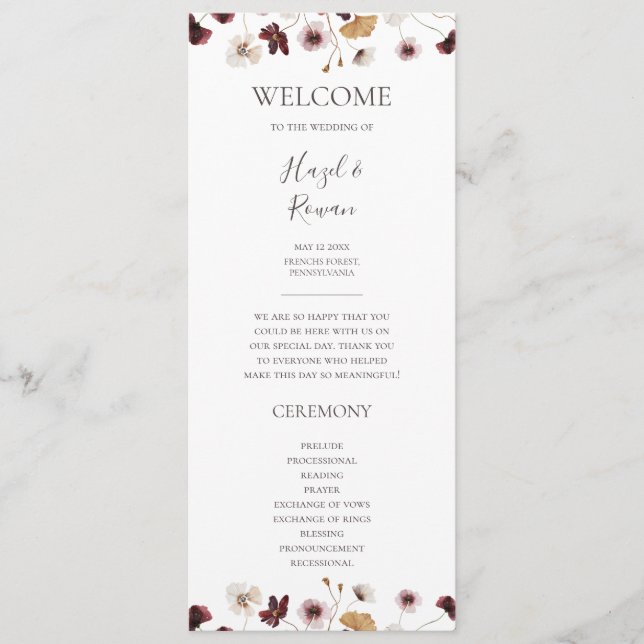 Copper Burgundy Wildflower Wedding Program (Front)