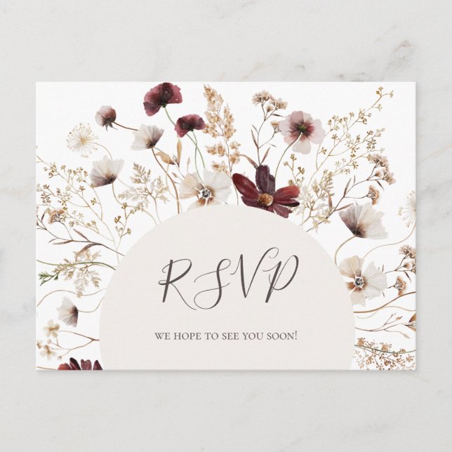Copper Burgundy Wildflower Wedding RSVP Postcard (Front)