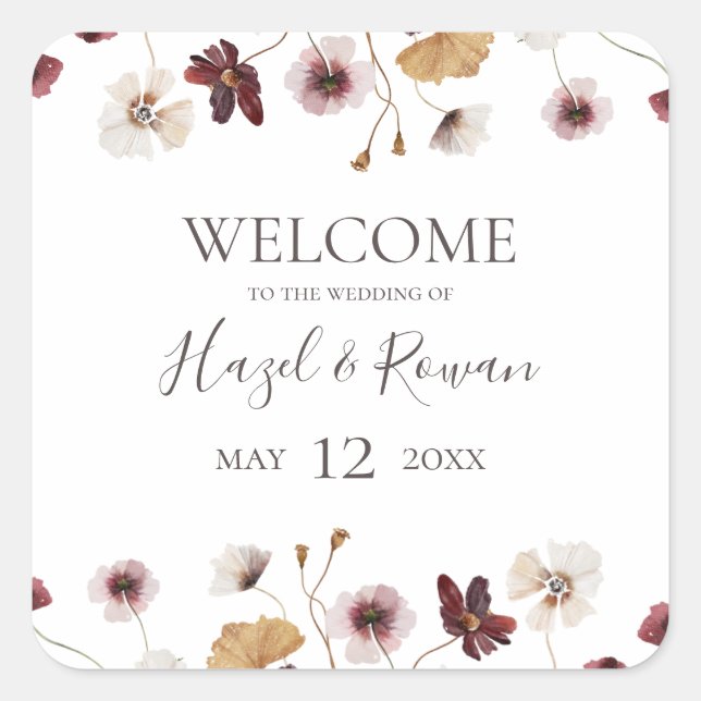 Copper Burgundy Wildflower Wedding Welcome Square  Square Sticker (Front)