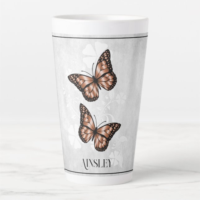 Copper Butterfly Floral Personalized Latte Mug (Front)