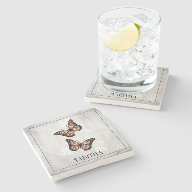 Copper Butterfly Floral Personalized Stone Coaster (Side)