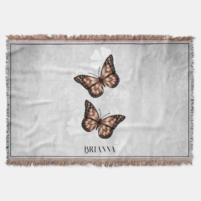 Copper Butterfly Floral Personalized Throw Blanket (Front)
