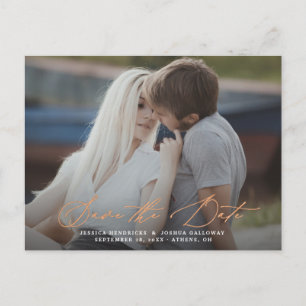 Copper Calligraphy Overlay Photo Save the Date Postcard
