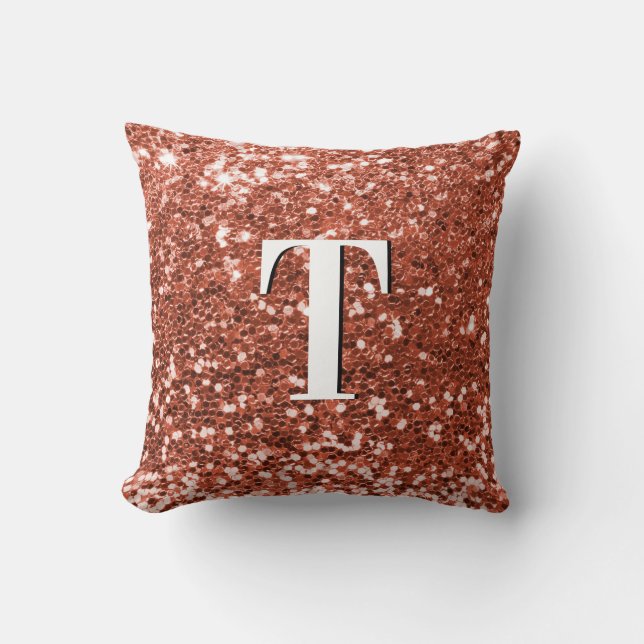 Copper Chunky Glitter Monogrammed Throw Pillow (Front)