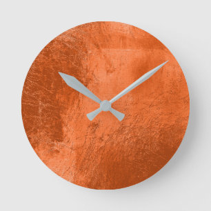 Copper Coral Leather Metal Glass Orange Minimal Round Clock