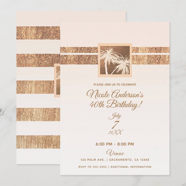 Copper Cream Tropical Palm Trees Modern Birthday Invitation (Front/Back)