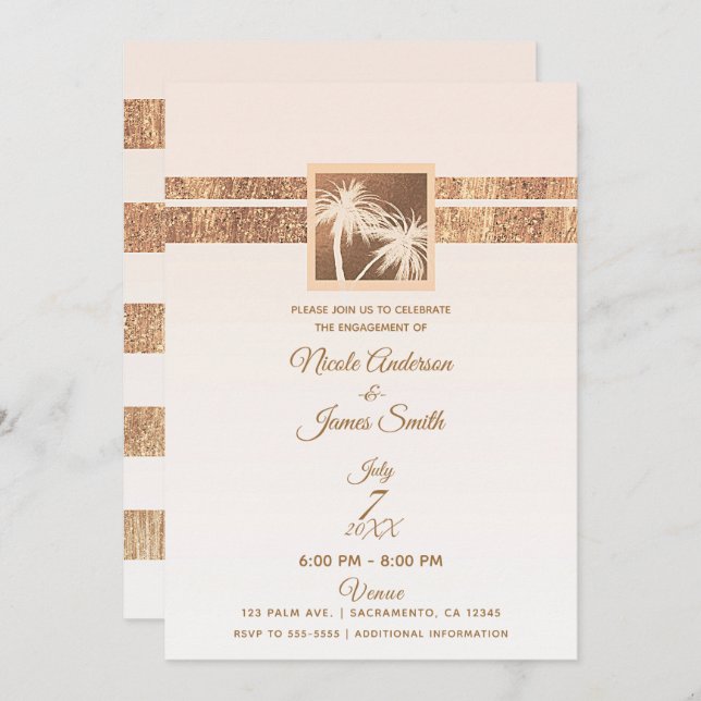 Copper Cream Tropical Palm Trees Modern Engagement Invitation (Front/Back)