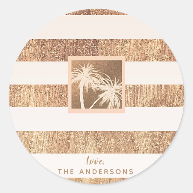 Copper & Cream Tropical Palm Trees Modern Wedding Classic Round Sticker (Front)