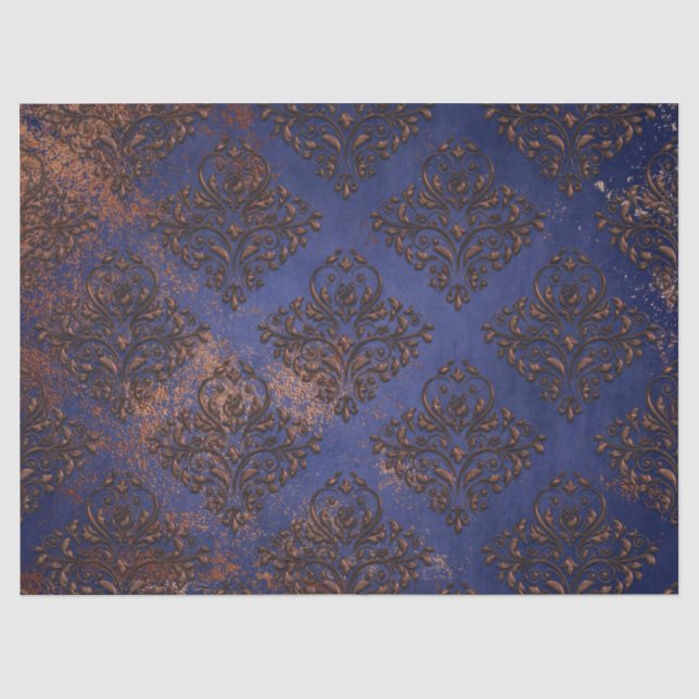 Copper Damask on Purple Blue Decoupage Tissue Paper (Front)
