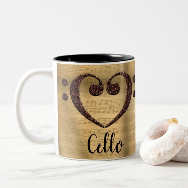 Copper Double Bass Clef Heart Cello Two-Tone Coffee Mug (With Donut)