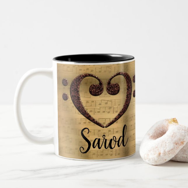 Copper Double Bass Clef Heart Sarod Two-Tone Coffee Mug (With Donut)