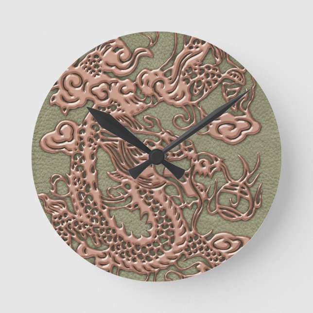Copper Dragon on Khaki Leather Texture Round Clock (Front)