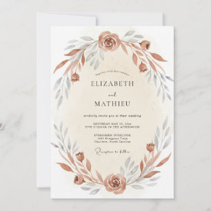 Copper Dusty Rose Watercolor Floral Wedding Invitation