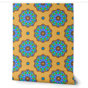 Copper Edged Blue Green Flowers on Gold Wallpaper