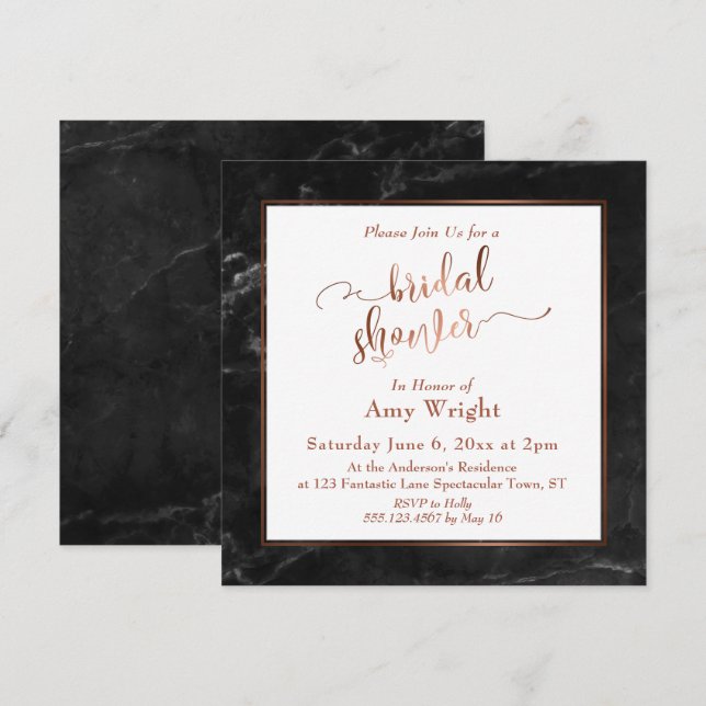 Copper Elegant Script w Black Marble Bridal Shower Invitation (Front/Back)