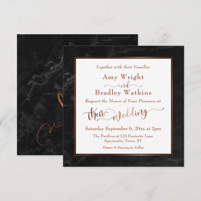 Copper Elegant Script w/ Black Marble | Wedding Invitation (Front/Back)