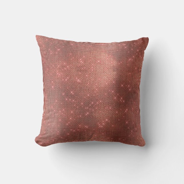 Copper Faux Brush Pink Rose Sparkly Metallic Throw Pillow (Front)