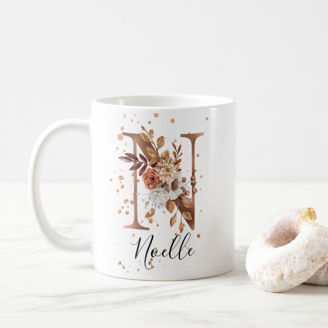 Copper Floral Letter N Monogram Coffee Mug (With Donut)