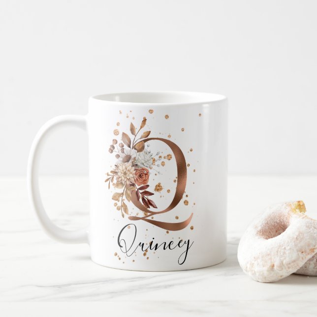 Copper Floral Letter Q Monogram Coffee Mug (With Donut)