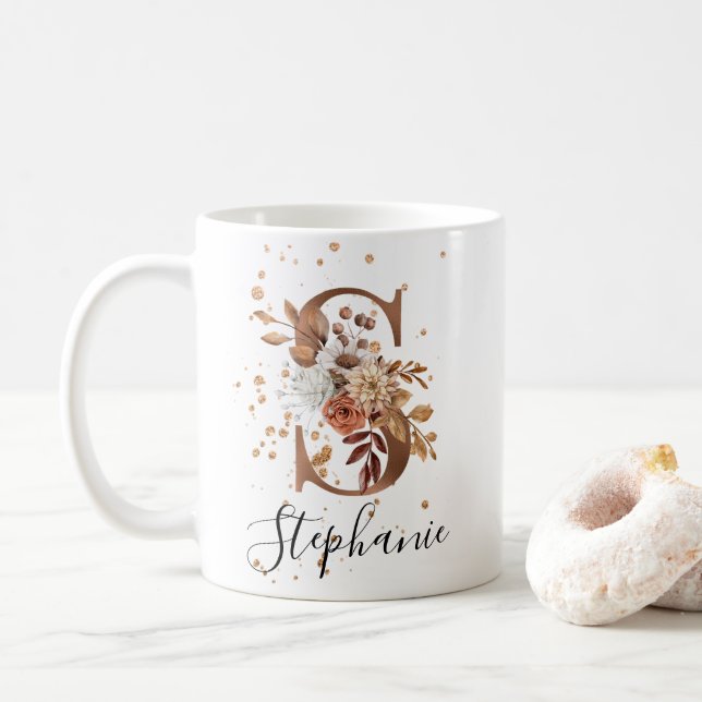 Copper Floral Letter S Monogram Coffee Mug (With Donut)