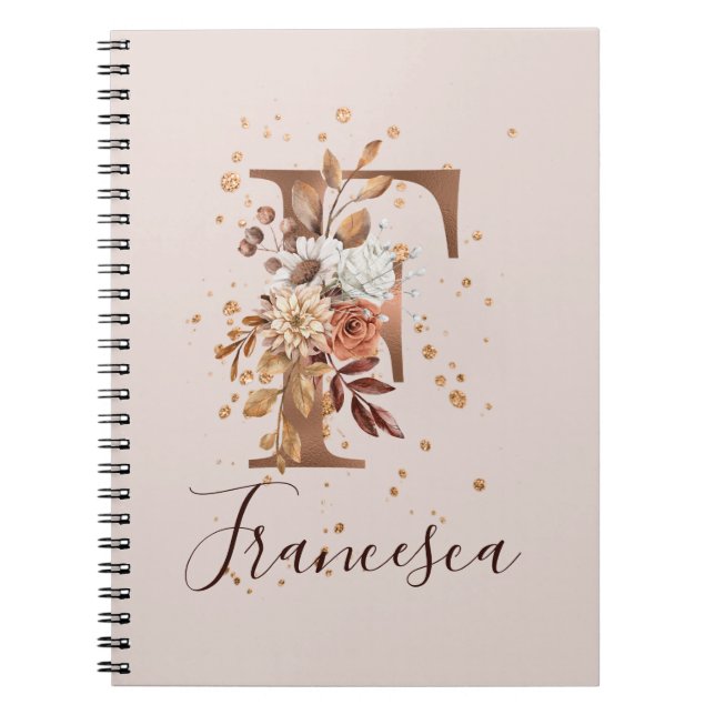 Copper Floral Monogram Letter F Fall Flowers Notebook (Front)