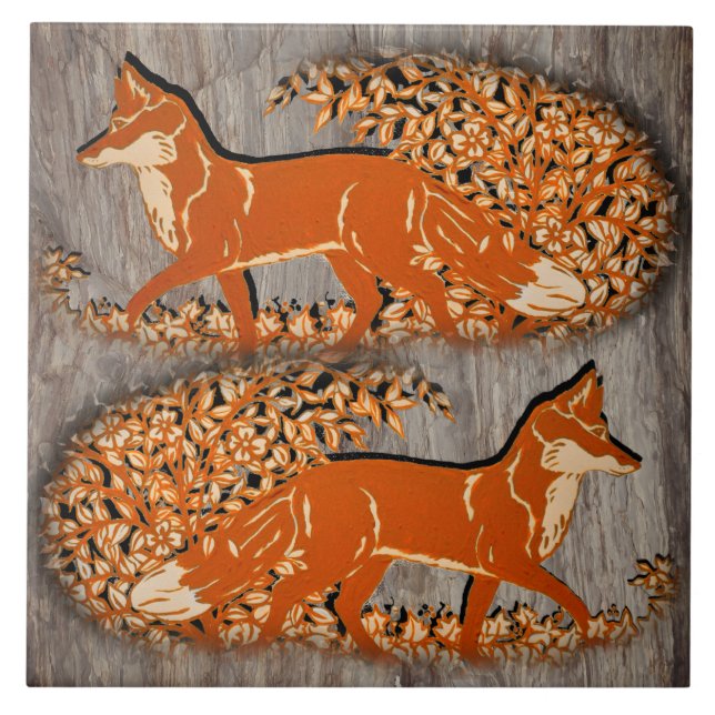 Copper Fox Woodland Scene, Grey Stone Look Trivet (Front)