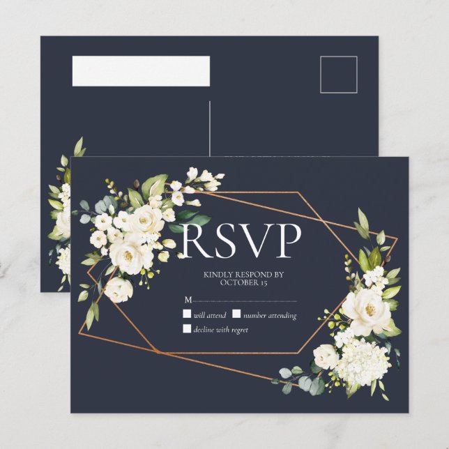Copper Geometric Blue White Floral No Menu RSVP (Front/Back)