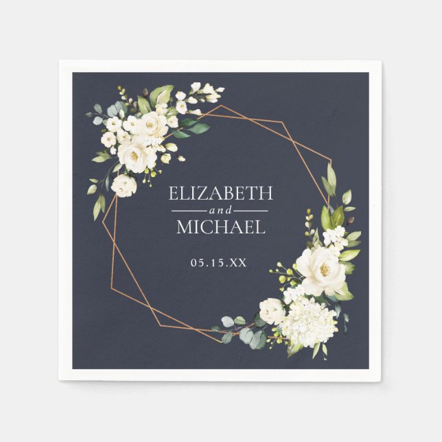 Copper Geometric Blue White Floral Wedding Napkin (Front)