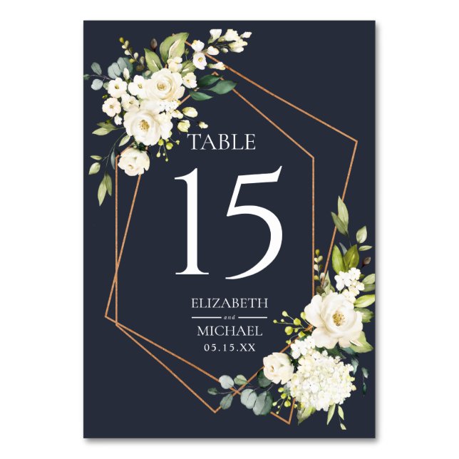 Copper Geometric Blue White Floral Wedding Table Number (Front)