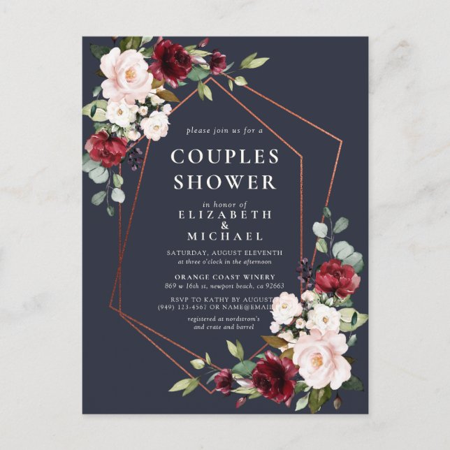 Copper Geometric Burgundy Blue Couples Shower Announcement Postcard (Front)