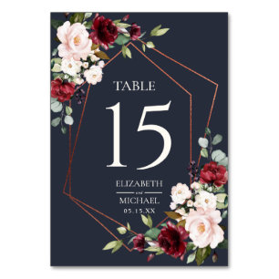Copper Geometric Burgundy Blue Elegant Wedding Table Number