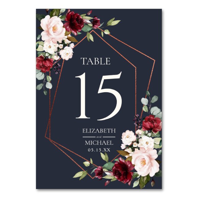 Copper Geometric Burgundy Blue Elegant Wedding Table Number (Front)