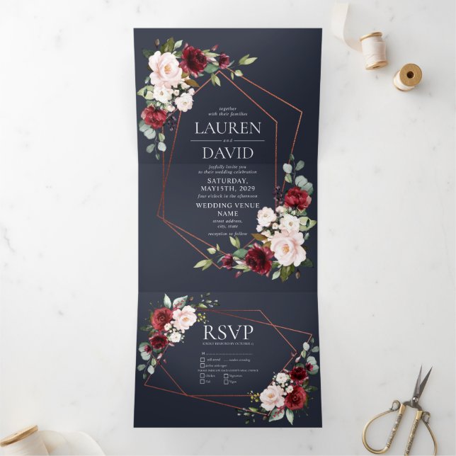 Copper Geometric Burgundy Blue Floral  Wedding Tri-Fold Invitation (Inside)