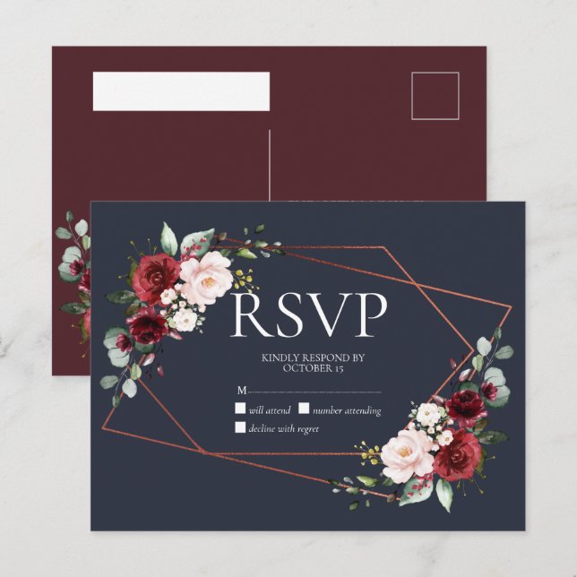Copper Geometric Burgundy Blue No Menu RSVP (Front/Back)