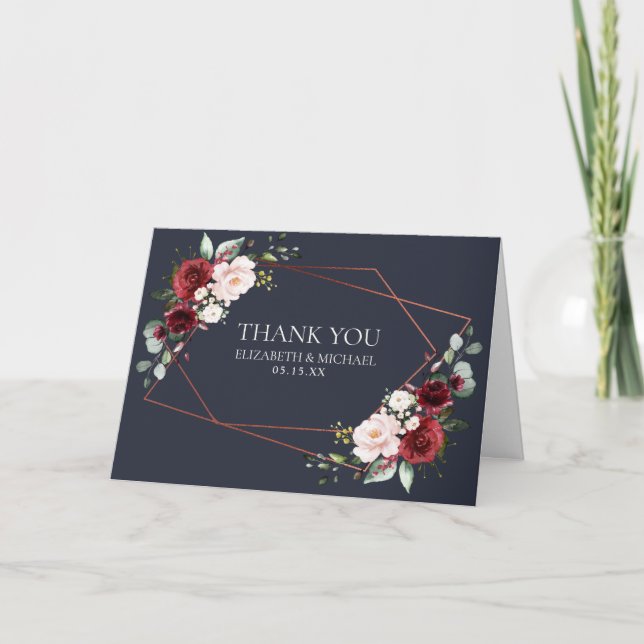Copper Geometric Burgundy Blue Photo Wedding Card (Front)