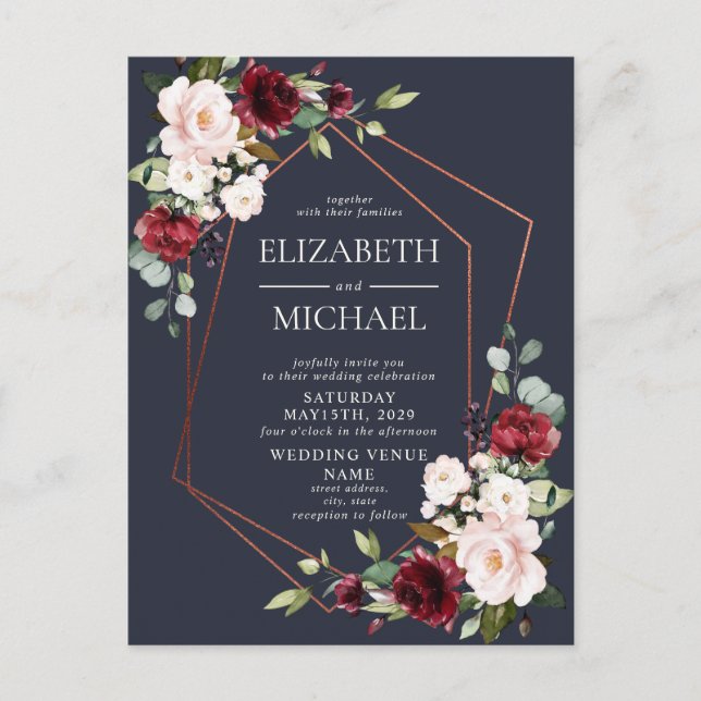 Copper Geometric Burgundy Blue Postcard Wedding (Front)