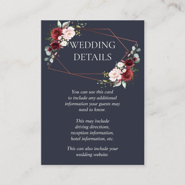 Copper Geometric Burgundy Blue Wedding Details Enclosure Card (Front)