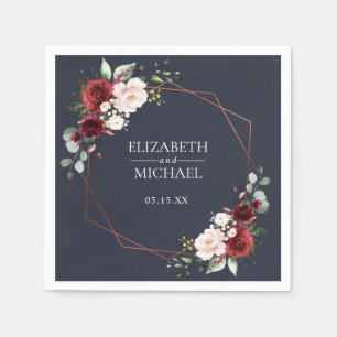 Copper Geometric Burgundy Blue Wedding Napkin