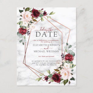 Copper Geometric Burgundy Marble Delay The Date Announcement Postcard