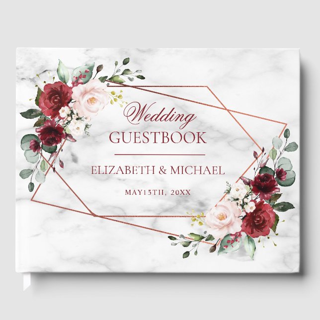 Copper Geometric Burgundy Marble Elegant Wedding Guest Book (Front)