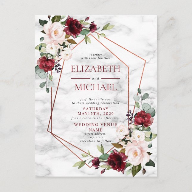 Copper Geometric Burgundy Marble Postcard Wedding (Front)