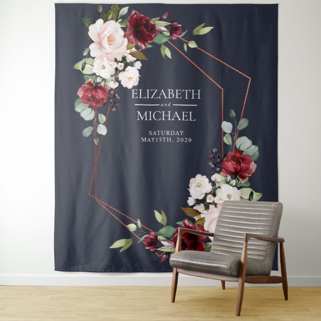 Copper Geometric Burgundy Navy Blue Wedding Tapestry (In Situ)