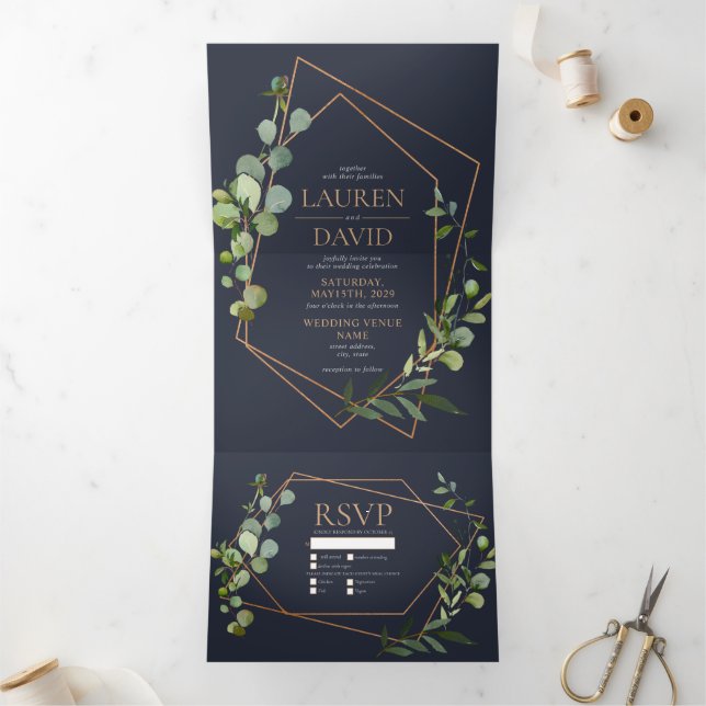 Copper Geometric Eucalyptus Blue Elegant Wedding Tri-Fold Invitation (Inside)