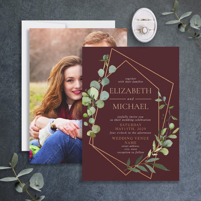 Copper Geometric Eucalyptus Burgundy Elegant Photo Invitation (Creator Uploaded)