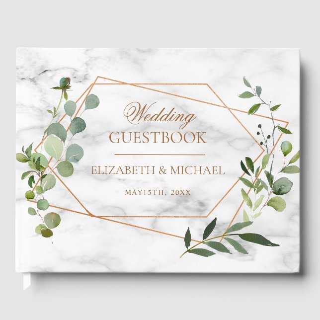Copper Geometric Eucalyptus Marble Elegant Wedding Guest Book (Front)