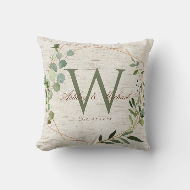 Copper Geometric Greenery Monogram Keepsake Throw Pillow (Front)
