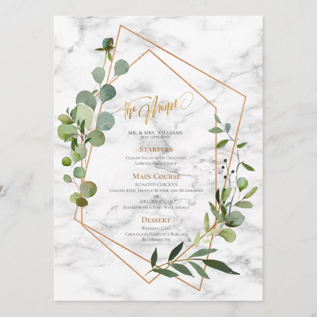 Copper Geometric Marble Eucalyptus Elegant Wedding Menu (Front)